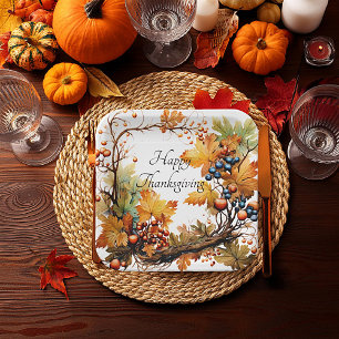 Herbstzweig mit Blätter und Beeren nach Maß Pappteller