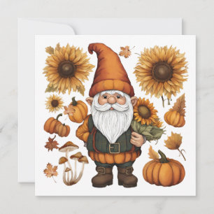 Herbstzwerg mit Kürbissen und Sonnenblumen Feiertagskarte