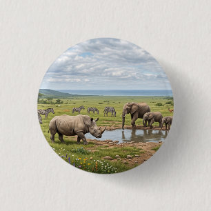 Herde von Nashörnern in der afrikanischen Savanne Button