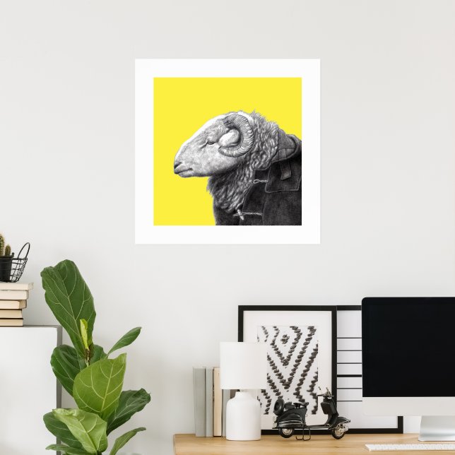 Herdwick Ram in Duffel Coat (Retro Yellow) Poster (Heimbüro)
