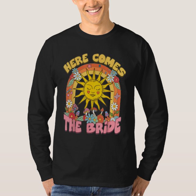 Here Comes Bride Groovy Retro 70s Bachelorette Par T-Shirt (Vorderseite)