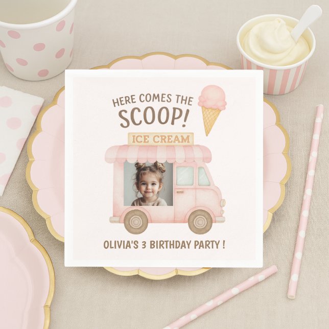 Here Comes the Scoop! | Pink Ice Cream Truck Photo Serviette (Von Creator hochgeladen)