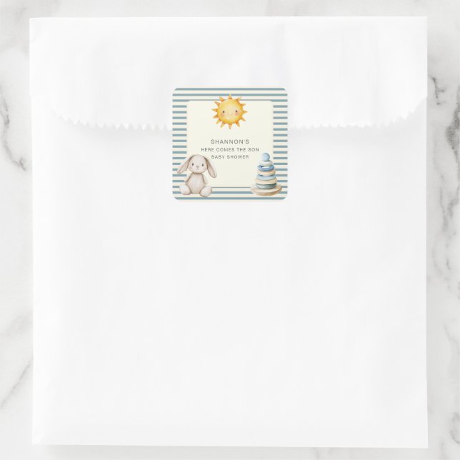 Here Comes the Son Baby Shower Blue Stripe Quadratischer Aufkleber (Tasche)