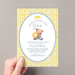 Here Comes the Son Bear Baby Shower Invitation  Acryleinladungen<br><div class="desc">Here Comes the Son Bear Baby Shower Invitation | Sunshine Boy Shower Gingham - Celebrate the arrival of your little ray of sunshine with this sweet Here Comes the Son Bear Baby Shower Invitation. The design features an adorable baby bear hugging a smiling sunshine, surrounded by a soft blue scalloped...</div>