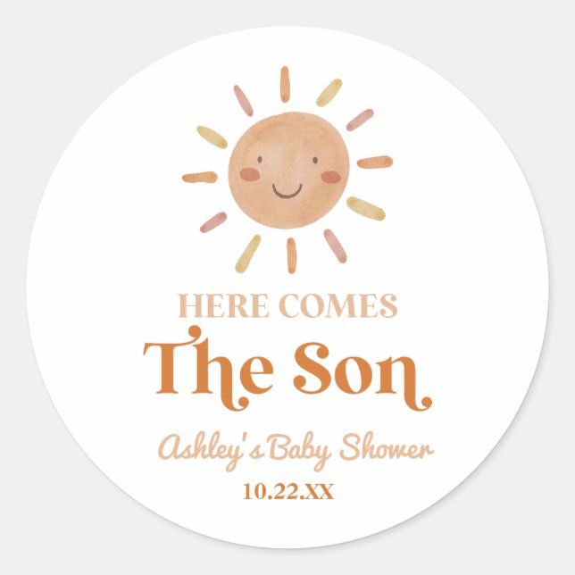 Here Comes The Son Boho Bohemian Retro Baby Shower Runder Aufkleber (Vorderseite)