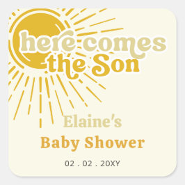 Here comes the son boho retro baby shower  quadratischer aufkleber