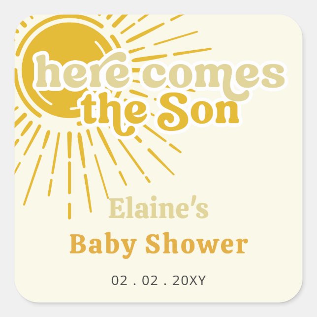 Here comes the son boho retro baby shower  quadratischer aufkleber (Vorderseite)