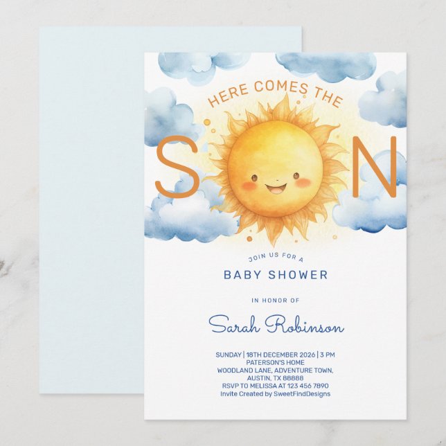 Here Comes the Son Elegant Baby Shower Einladung (Vorne/Hinten)