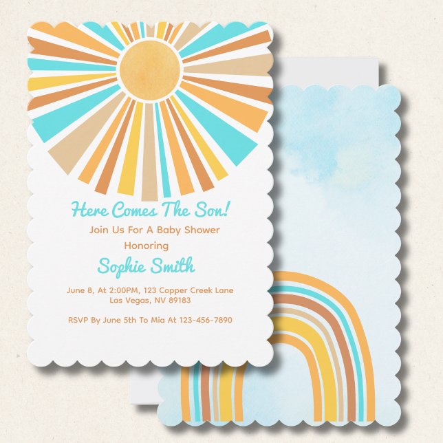 Here Comes The Son, Retro Sunshine Boho Rainbow Einladung (Von Creator hochgeladen)