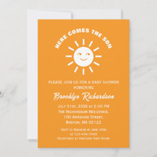 Here Comes The Son Sun Orange White Baby Shower Einladung