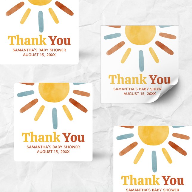 Here comes the Son Sunshine Baby Shower Quadratischer Aufkleber (Here comes the Sun Baby Shower Square Sticker)