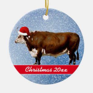 Hereford Bull und Weihnachtsmannmütze Keramik Ornament