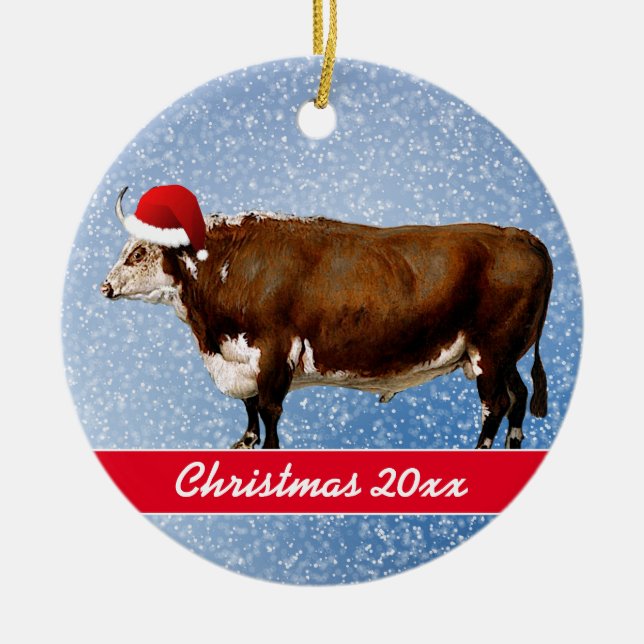 Hereford Bull und Weihnachtsmannmütze Keramik Ornament (Vorne)