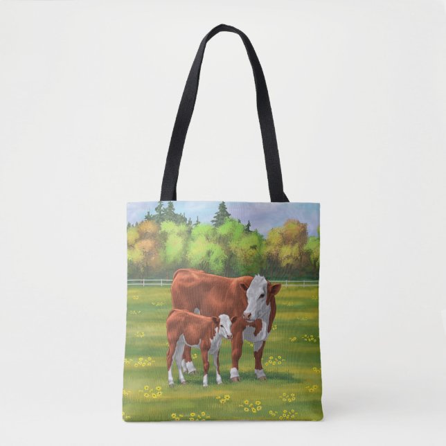 Hereford Cow & Niedlich Calf im Sommer Weide (Vorderseite)