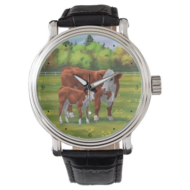Hereford Cow & Niedlich Calf im Sommer Weide Armbanduhr (Vorderseite)