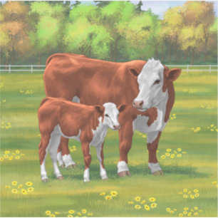 Hereford Cow & Niedlich Calf im Sommer Weide Aufkleber