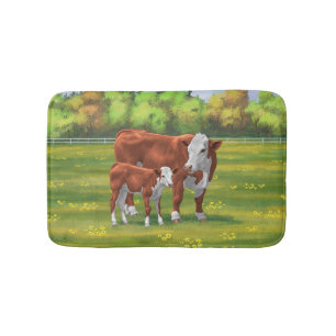 Hereford Cow & Niedlich Calf im Sommer Weide Badematte