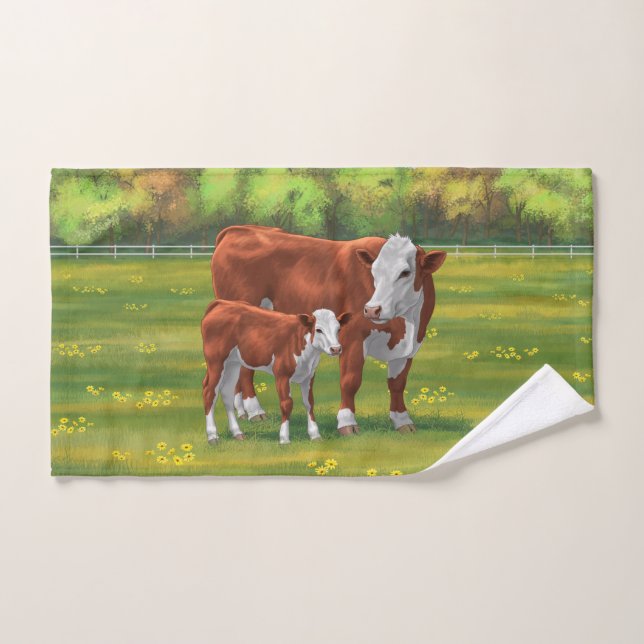 Hereford Cow & Niedlich Calf im Sommer Weide Badhandtuch Set (Handtuch)