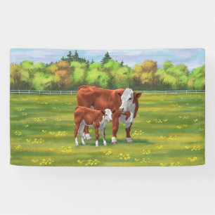 Hereford Cow & Niedlich Calf im Sommer Weide Banner