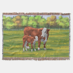Hereford Cow & Niedlich Calf im Sommer Weide Decke