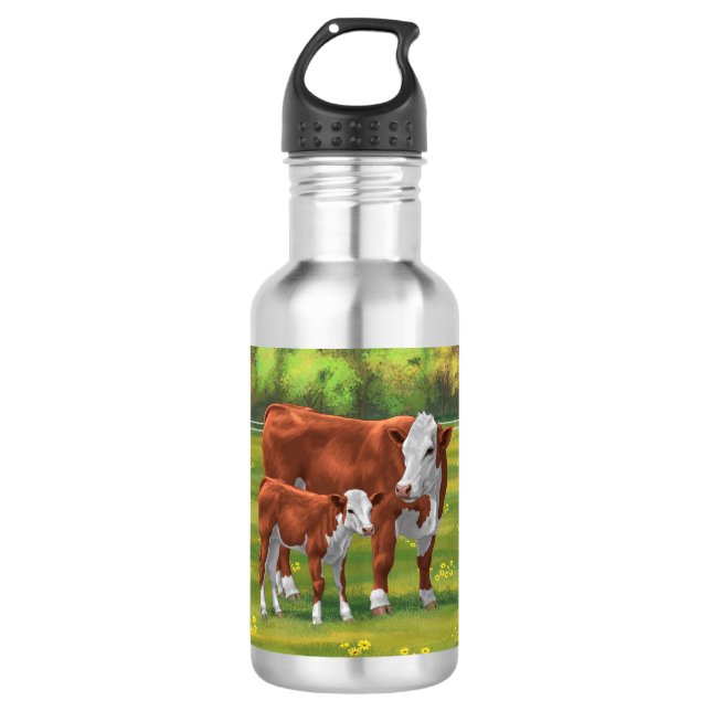 Hereford Cow & Niedlich Calf im Sommer Weide Edelstahlflasche (Vorderseite)