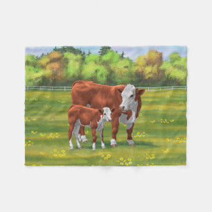Hereford Cow & Niedlich Calf im Sommer Weide Fleecedecke