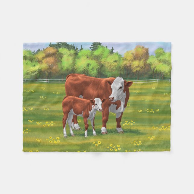 Hereford Cow & Niedlich Calf im Sommer Weide Fleecedecke (Vorderseite (Horizontal))
