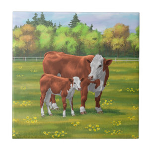 Hereford Cow & Niedlich Calf im Sommer Weide Fliese