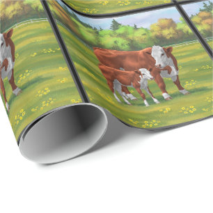 Hereford Cow & Niedlich Calf im Sommer Weide Geschenkpapier