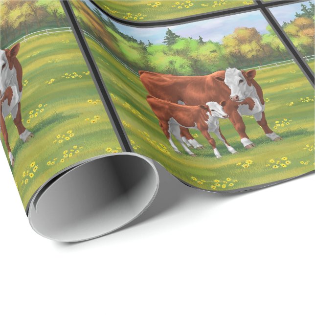 Hereford Cow & Niedlich Calf im Sommer Weide Geschenkpapier (Rolleneckpunkt)