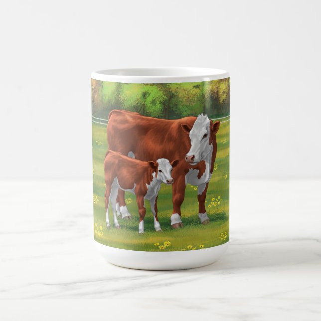 Hereford Cow & Niedlich Calf im Sommer Weide Kaffeetasse (Mittel)