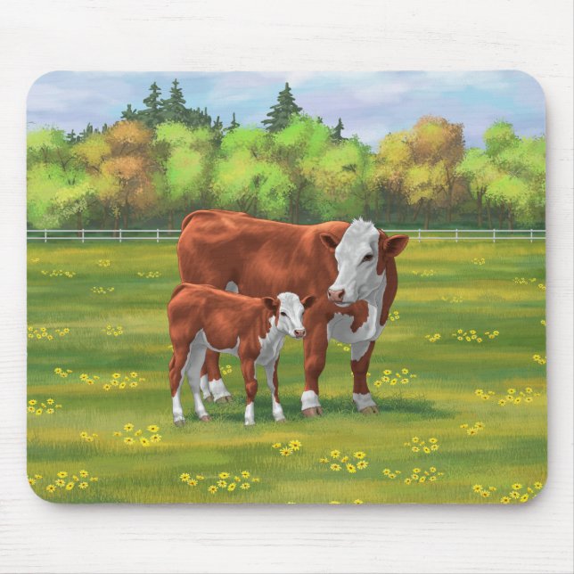 Hereford Cow & Niedlich Calf im Sommer Weide Mousepad (Vorne)