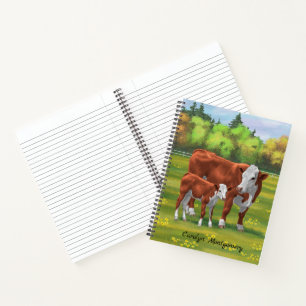 Hereford Cow & Niedlich Calf im Sommer Weide Notizbuch