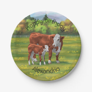 Hereford Cow & Niedlich Calf im Sommer Weide Pappteller
