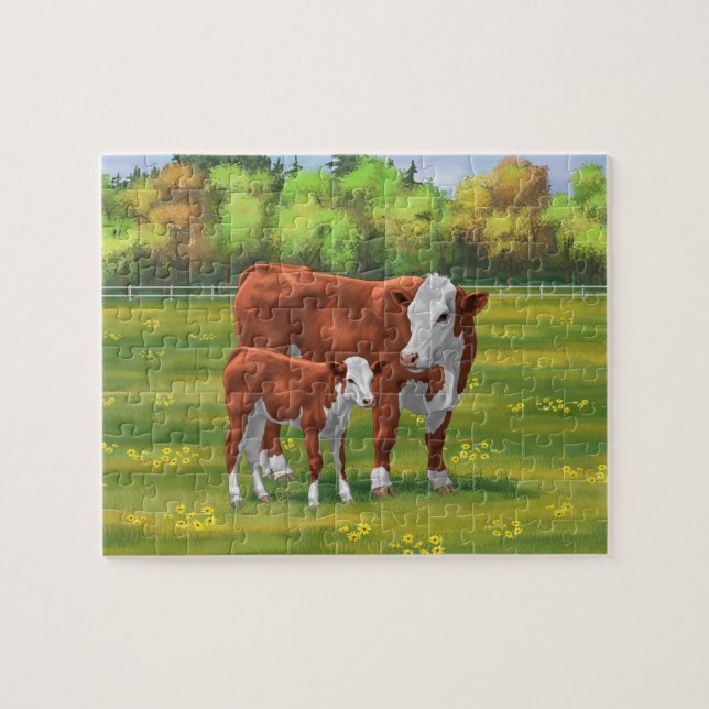 Hereford Cow & Niedlich Calf im Sommer Weide Puzzle (Horizontal)
