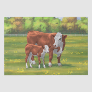 Hereford Cow & Niedlich Calf im Sommer Weide Seidenpapier