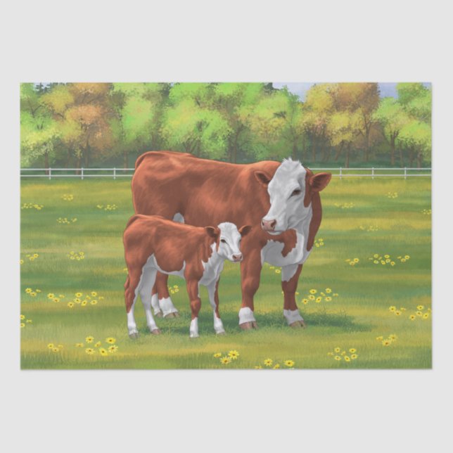 Hereford Cow & Niedlich Calf im Sommer Weide Seidenpapier (Vorderseite)
