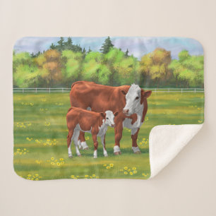 Hereford Cow & Niedlich Calf im Sommer Weide Sherpadecke