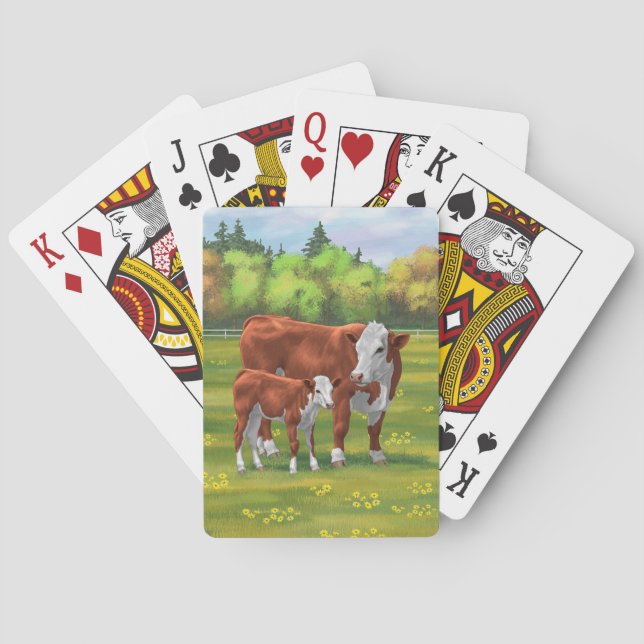 Hereford Cow & Niedlich Calf im Sommer Weide Spielkarten (Rückseite)