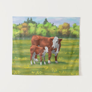 Hereford Cow & Niedlich Calf im Sommer Weide Wandteppich