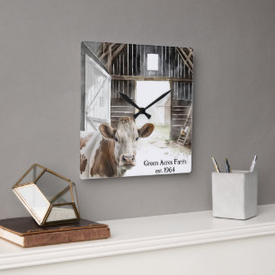 Hereford Cow und Rooster in Barn Quadratische Wanduhr