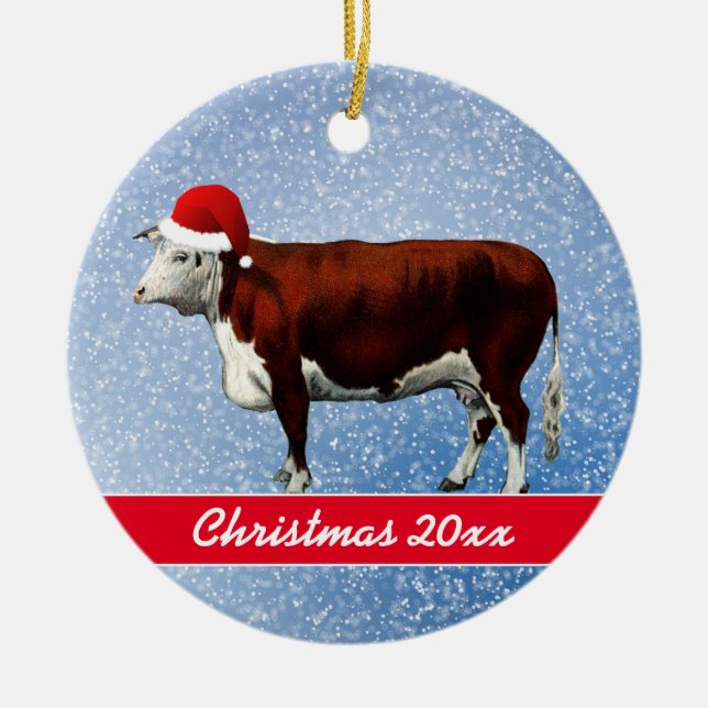 Hereford Cow und Weihnachtsmannmütze Keramik Ornam Keramik Ornament (Vorne)