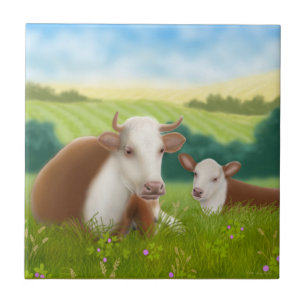 Hereford Kuh mit Kalb-Fliese Fliese