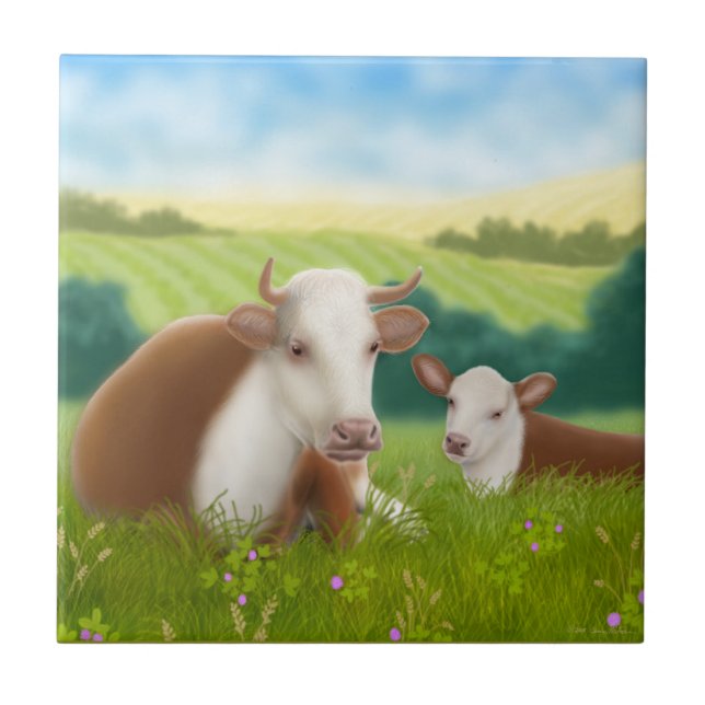 Hereford Kuh mit Kalb-Fliese Fliese (Vorderseite)