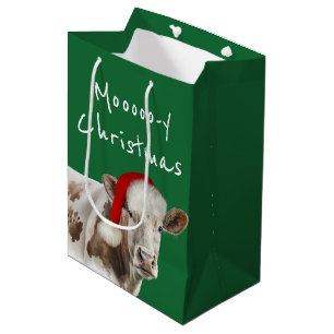 Hereford Kuh mit Santa Cap auf Green Mittlere Geschenktüte