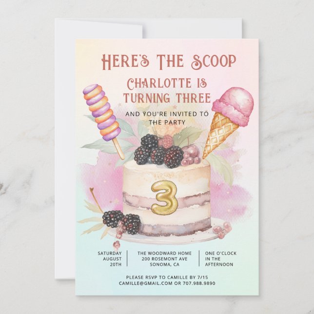 Here's The Scoop 3rd Birthday Ice Cream Party Einladung (Vorderseite)