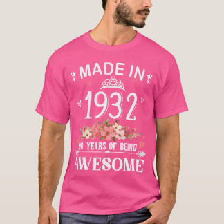 Hergestellt 1932 90 Jahre großartig zu sein Blumen T-Shirt