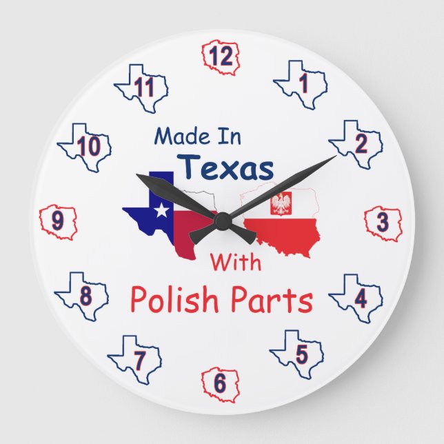 hergestellt in Texas mit polnischen Teilen Große Wanduhr (Vorderseite)