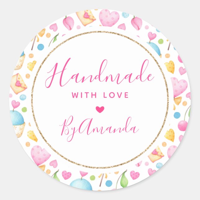 Hergestellt mit Liebe Herz und Muffins Muster Runder Aufkleber (Vorderseite)