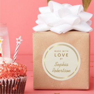 Hergestellt mit Liebe Personalisiertes Gold und Cr Runder Aufkleber